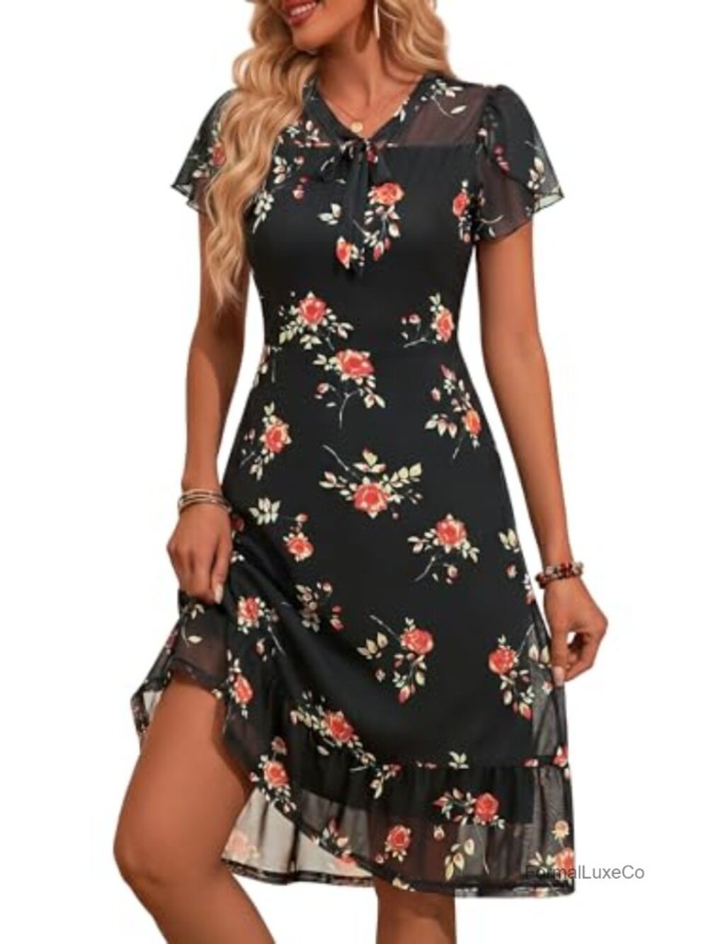 HUHOT Women Mesh Wrap Neck Floral Midi Dress Tulip Sleeves